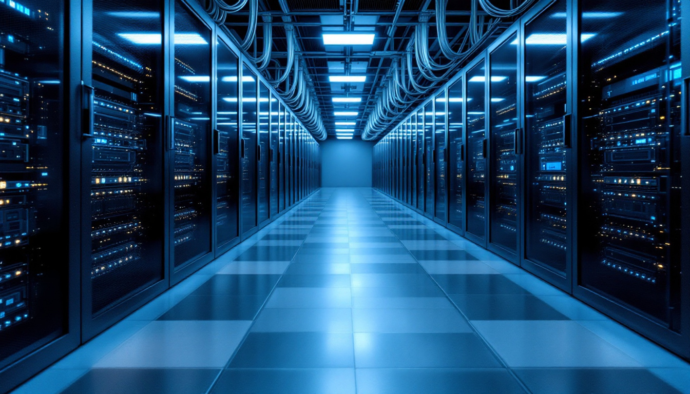 Server racks and network cabling in a cool blue-lit data centre aisle